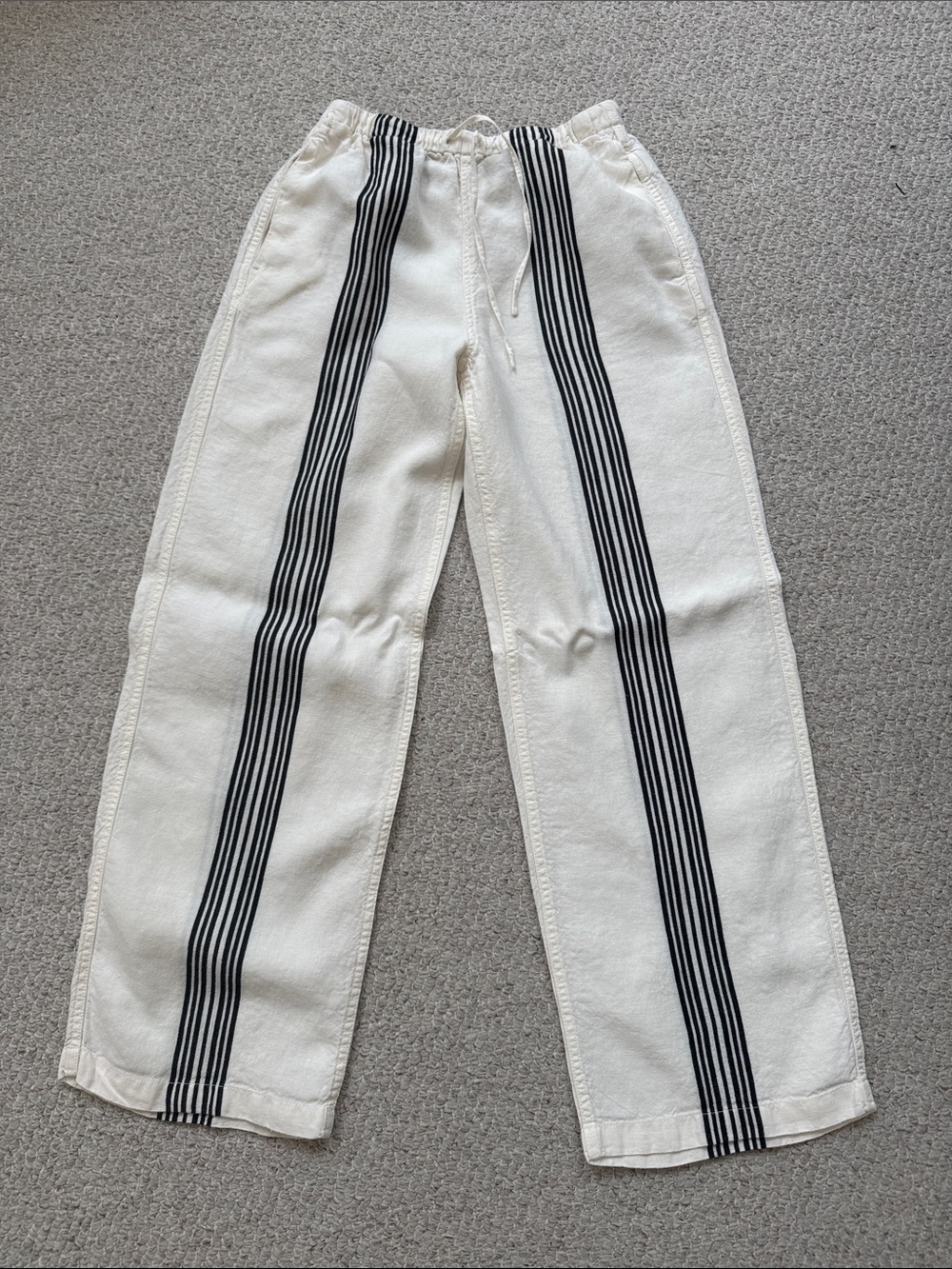 Madewell Linen-Cotton Blend Cream Drawstring Pants with Black Vertical Stripes